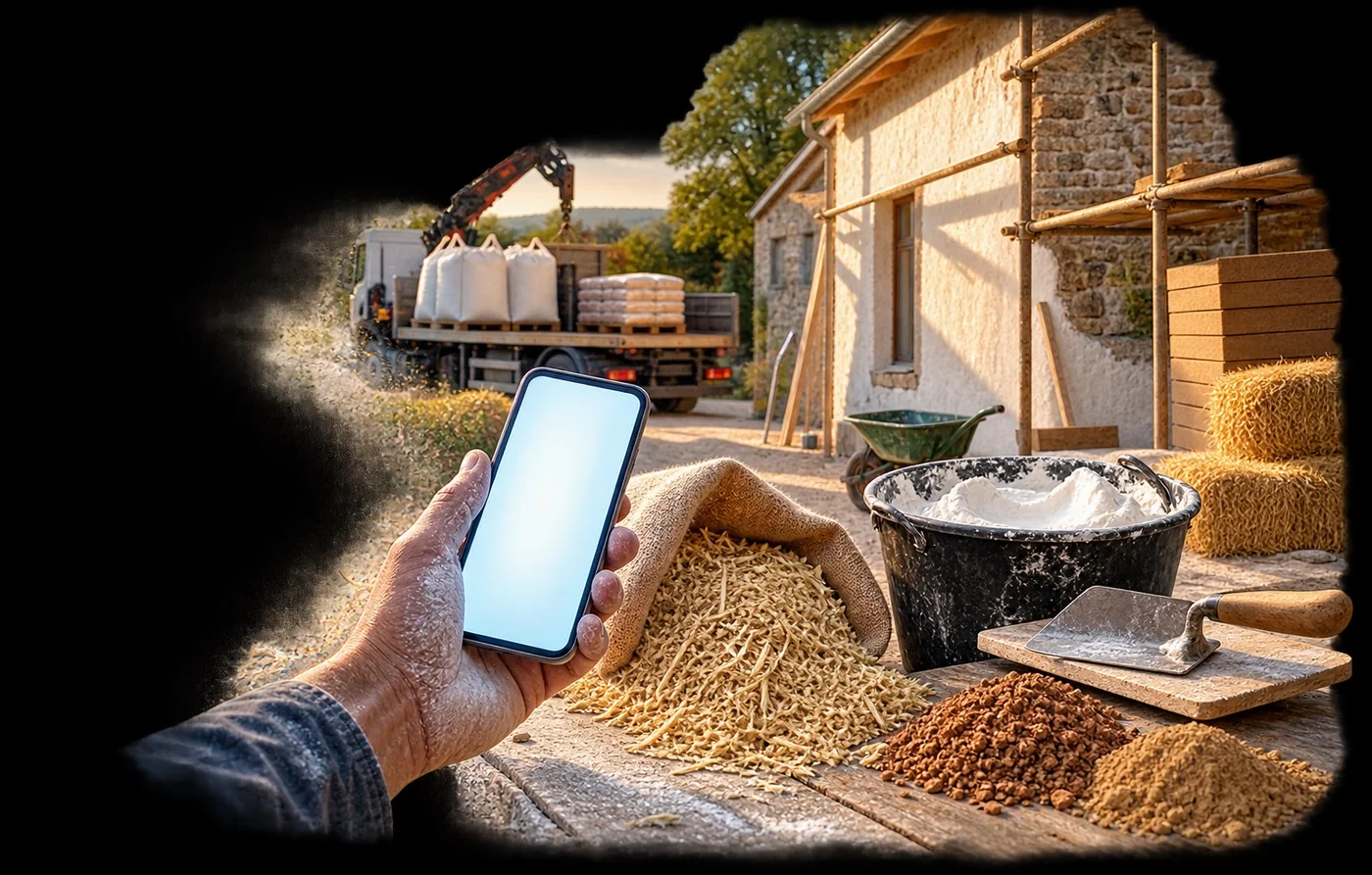Sur un chantier de rénovation : une main tient un téléphone,                   devant un sac de chènevotte, un seau de chaux en pâte, du liège                   et de l’argile. Au fond, un camion décharge des big bags et des                   sacs de chaux devant une ferme en pierre enduite à la chaux.